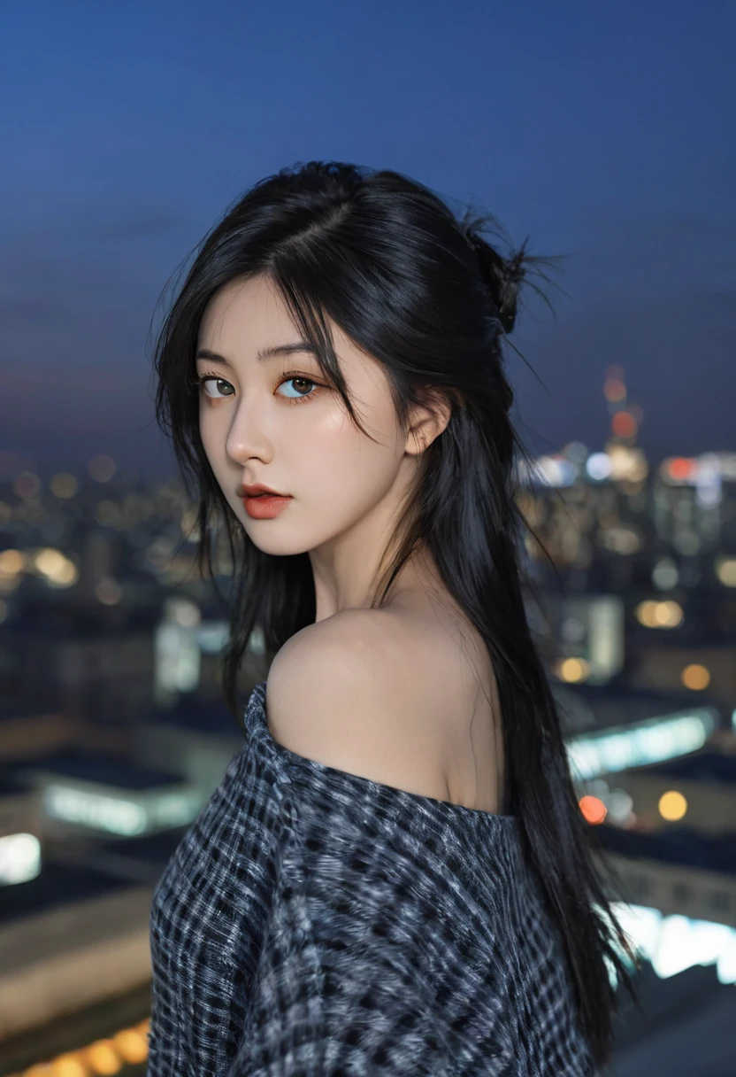 long windblown blue-black hair, looking at viewer, masterpiece, ((8k, photorealistic, RAW photo)), best quality, Indonesian, 1girl, beautiful face, realistic face, black hair, short hair, beautiful hairstyle, realistic eyes, beautiful detailed eyes, realistic skin, beautiful skin, attractive, ultra high res, ultra realistic, highly detailed, golden ratio, loose sweater, black plaid skirt, long sleeve one-shoulder sweater, standing, front view, open stance, model posing, upper body, ((huge breasts)), concentrated expression, exposed breast shape, exposed breasts cleavage, night rooftop, city view, ultra detailed, hyper sharp, sharp focus, K-pop idol, J-pop idol, Italian woman, portraits, anime style, vibrant colors, bokeh lighting.