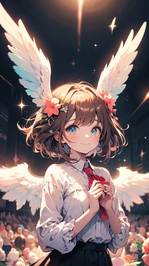 Top quality, Pastel Painting, Soft atmosphere, Twin girls angels, Lovely, White Wings, Smile happily, Different shades of short brown hair, One with blue eyes, A person with green eyes, Skirts of different colors, Flower Hair Accessories, Upper Body, Looking at the audience, space, meteor, Light,