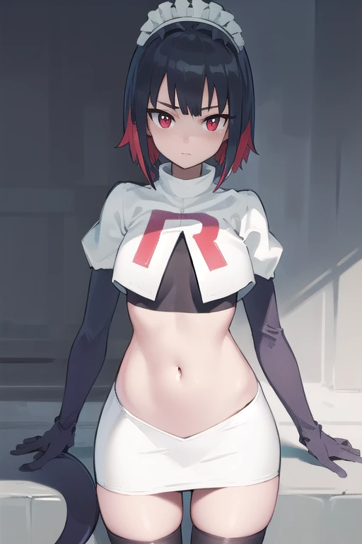 ellenjoe, ellen joe, black hair, colored inner hair, multicolored hair, (red eyes:1.3), red hair, short hair, two-tone hair,
BREAK ear piercing, fins, fish tail, maid headdress, piercing, shark girl, shark tail, tail, two-tone hair, team rocket,team rocket uniform,white skirt,red letter R,crop top,black thigh-highs,black elbow gloves,
BREAK looking at viewer, (cowboy shot:1.5),
BREAK (masterpiece:1.2), best quality, high resolution, unity 8k wallpaper, (illustration:0.8), (beautiful detailed eyes:1.6), extremely detailed face, perfect lighting, extremely detailed CG, (perfect hands, perfect anatomy),