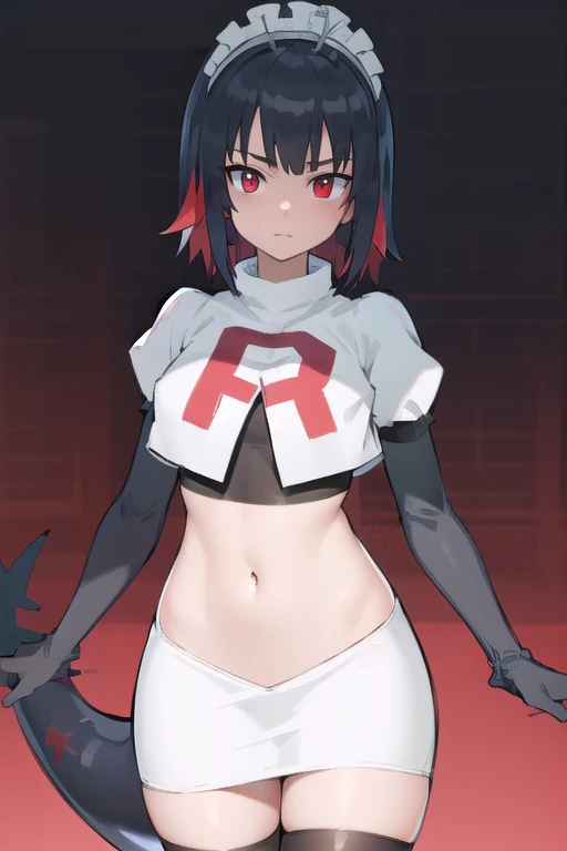 ellenjoe, ellen joe, black hair, colored inner hair, multicolored hair, (red eyes:1.3), red hair, short hair, two-tone hair,
BREAK ear piercing, fins, fish tail, maid headdress, piercing, shark girl, shark tail, tail, two-tone hair, team rocket,team rocket uniform,white skirt,red letter R,crop top,black thigh-highs,black elbow gloves,
BREAK looking at viewer, (cowboy shot:1.5),
BREAK (masterpiece:1.2), best quality, high resolution, unity 8k wallpaper, (illustration:0.8), (beautiful detailed eyes:1.6), extremely detailed face, perfect lighting, extremely detailed CG, (perfect hands, perfect anatomy),