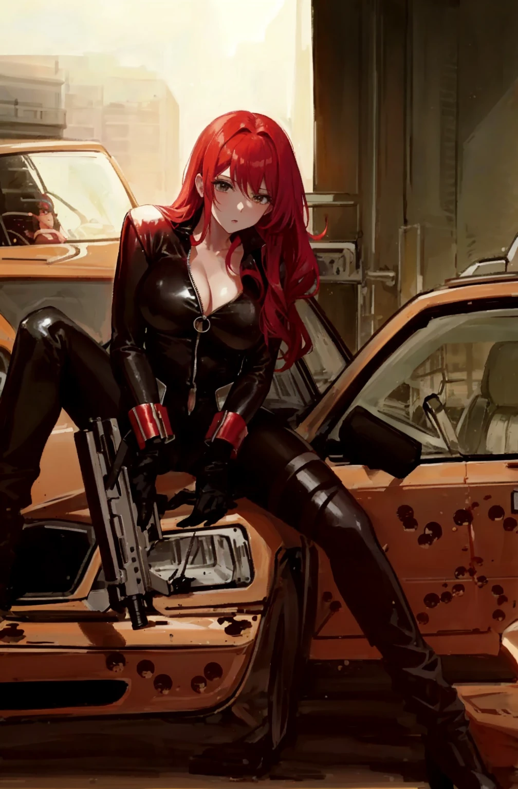 The image is an illustration of a red-haired woman dressed in a sleek skin-tight shiny black latex bodysuit with a deep-cut zipper neckline revealing a large chest, the silver zipper running down the front, sitting on the hood of a damaged yellow car, with bullet holes visible on it. The woman appears powerful and ready for action, holding a gun in both hands. The atmosphere of the scene is intense and dramatic, made even more so by the urban setting.