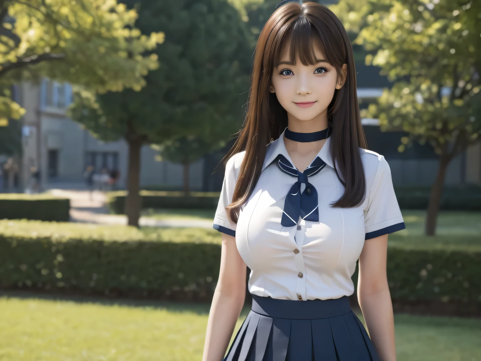 Highest quality、masterpiece、Group photo、((Layered Haircut)),（8k，Highest quality），Full Body Shot，Shot from medium distances，School classルーム，student，class，class，Open-collar shirt、Wear a JK skirt，Full body photo、 Adorable， smile， length, Brown Hair， 32K, masterpiece， Best image quality，Ultra-high resolution，Perfect hands，Black choker、blue eyes、bangs、Very lush and long eyelashes、uniform、 School、Summer clothes、((Big Breasts))