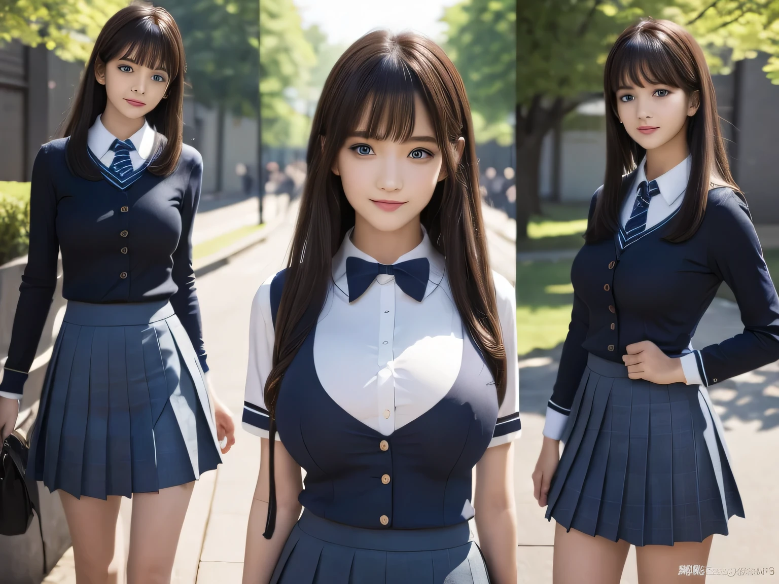 Highest quality、masterpiece、Group photo、((Layered Haircut)),(8k,Highest quality),Full Body Shot,Shot from medium distances,School classルーム,student,class,class,Open-collar shirt、Wear a JK skirt,Full body photo、 Adorable, smile, length, Brown Hair, 32K, masterpiece, Best image quality,Ultra-high resolution,Perfect hands,Black choker、blue eyes、bangs、Very lush and long eyelashes、uniform、 School、Summer clothes、((Big Breasts))