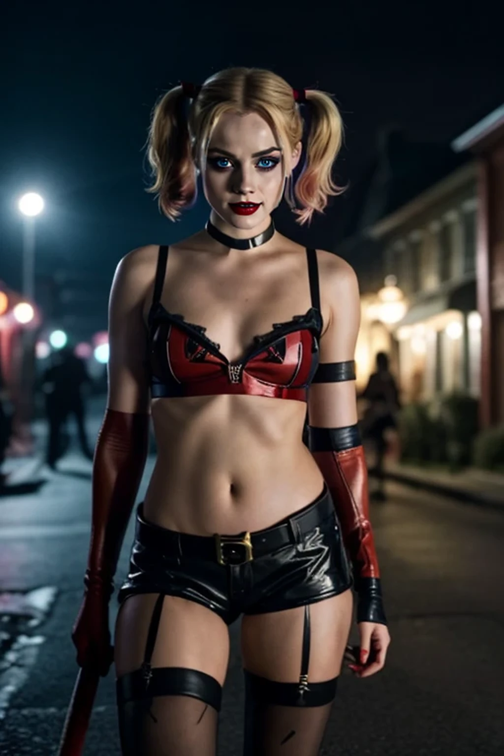 16k, best quality, extremely detailed, ultra quality, ultra highres, masterpiece, beautiful, Raw Photo, beautiful girl, pale skin, Harley Quinn make up