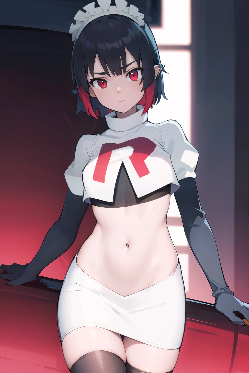ellenjoe, ellen joe, black hair, colored inner hair, multicolored hair, (red eyes:1.3), red hair, short hair, two-tone hair,
BREAK ear piercing, fins, fish tail, maid headdress, piercing, shark girl, shark tail, tail, two-tone hair, team rocket,team rocket uniform,white skirt,red letter R,crop top,black thigh-highs,black elbow gloves,
BREAK looking at viewer, (cowboy shot:1.5),
BREAK (masterpiece:1.2), best quality, high resolution, unity 8k wallpaper, (illustration:0.8), (beautiful detailed eyes:1.6), extremely detailed face, perfect lighting, extremely detailed CG, (perfect hands, perfect anatomy),