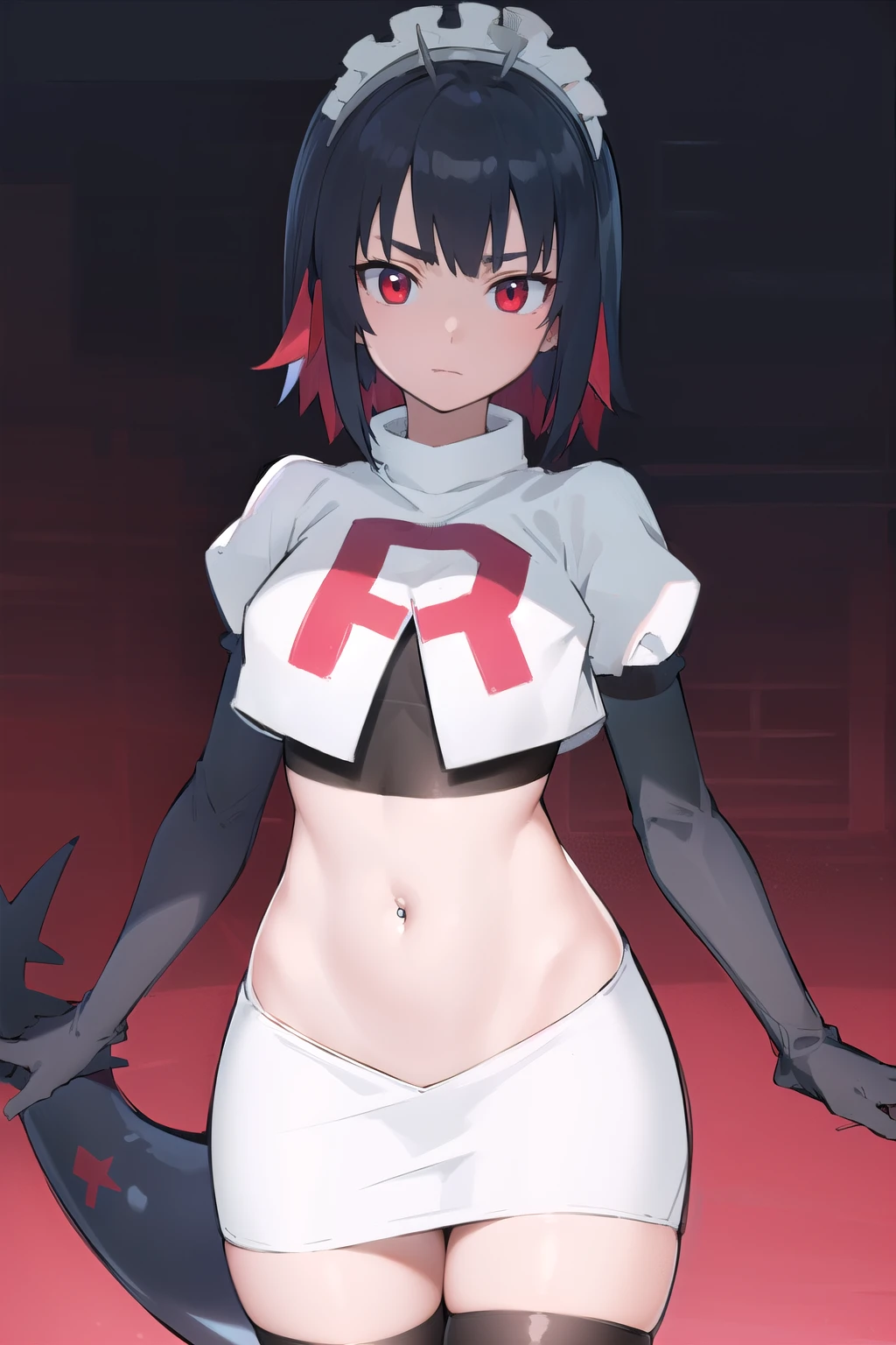 ellenjoe, ellen joe, black hair, colored inner hair, multicolored hair, (red eyes:1.3), red hair, short hair, two-tone hair,
BREAK ear piercing, fins, fish tail, maid headdress, piercing, shark girl, shark tail, tail, two-tone hair, team rocket,team rocket uniform,white skirt,red letter R,crop top,black thigh-highs,black elbow gloves,
BREAK looking at viewer, (cowboy shot:1.5),
BREAK (masterpiece:1.2), best quality, high resolution, unity 8k wallpaper, (illustration:0.8), (beautiful detailed eyes:1.6), extremely detailed face, perfect lighting, extremely detailed CG, (perfect hands, perfect anatomy),