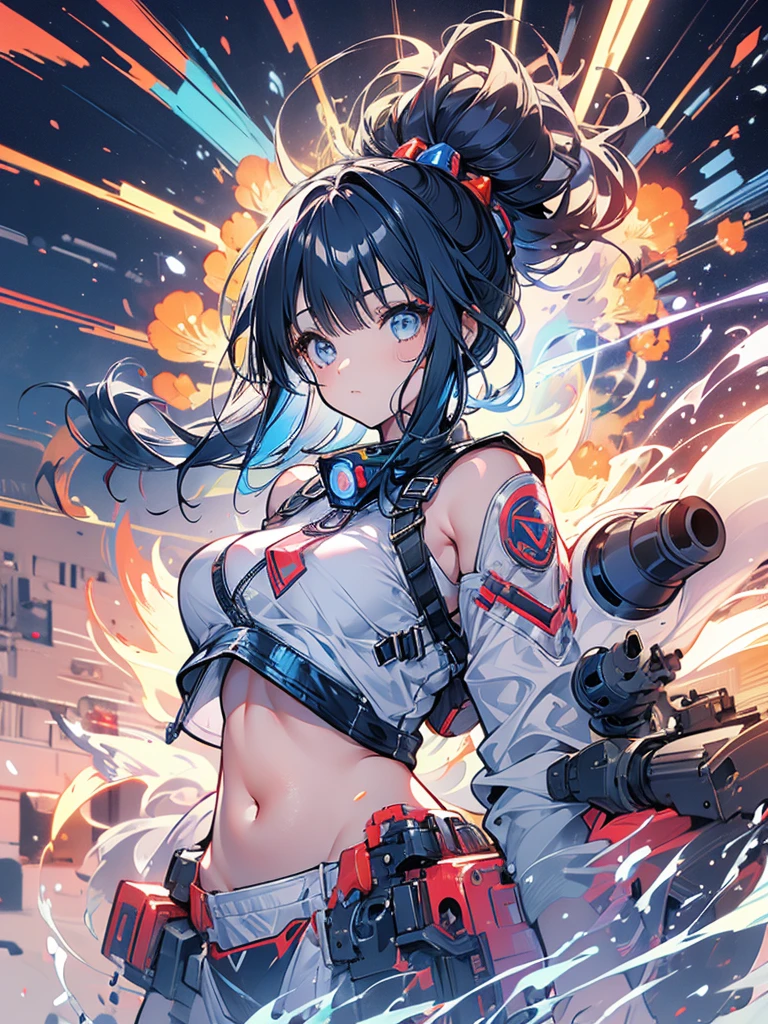 Girl, Mecha, Rigid, Cute, Jetpack on the back, Rocket, Explosion, Belly button exposed