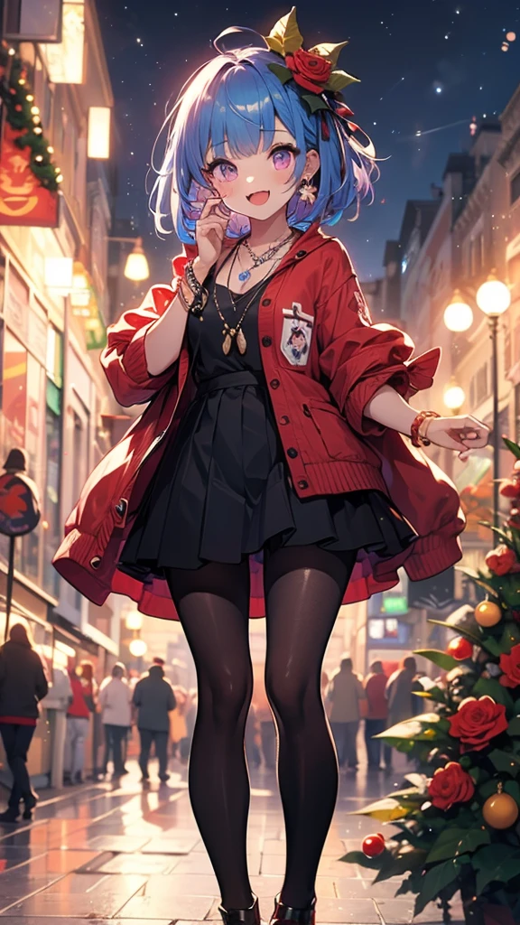 1 Girl, Bangs, Blue Hair, bow, Box, bracelet, Christmas, Christmas tree, Cowboy shooting, skirt, earrings, Fishing Net, flower, Gift, Gift Box, Hair accessories, Hamel, Jewelry, Looking at the audience, Colorful hair, necklace, Pantyhose, Open your mouth, Purple Eyes, red skirt, Ribbon, Rose, short hair, Smile, Solitary, High Leg Raise