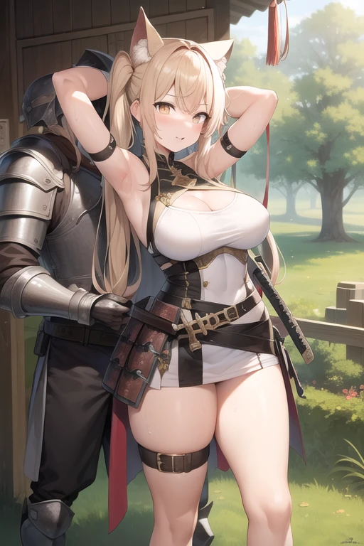 NSFW, uncensored, One girl, One strong, heavily armed man, Two people having a party, Light carmine hair, Yellow Eyes, Braiding, french Braiding, Long Hair, Twin tails, Both sides up, Sweat, Hot body, Glowing Skin,
Bright red face, Eyes that are captivatingly erotic, Melting lips, Heavy breathing, Excited hot breath and mouth,
No mask, No anal sex, No peace, Do not bite cloth or strings,
(((Large Breasts))), outside, Fantasy World, An open grassland in the forest,
From the back, White dress style armor, Katana with sheath on left hip, 基本的に白いleotard風の革鎧は胸元が開いたドレス風のデザインでその革鎧は彼女の胸を押し上げるように着用されている, Over that, a hard metal breastplate mail is worn to encase the large chest.,
Wearing hard metal armor with light pink trim around the edges, He was wearing sturdy white metal armor and gauntlets from his arms to his fingertips.,
Legs are made of full metal plate armor, Place々The gold decoration is used as an accent.,
The pleated white miniskirt is short enough to reveal her panties and has gold trim and accent colors on the edging.. On top of that, he wears large metal waist armor that can hold multiple cross belts on both sides of his waist to secure his weapons.,
A katana in a sheath is worn on the left hip., Several leather pouches on the right hip, A leather bag large enough to hang from the hip is attached to the back of the waist.,
(((Clothing))), (((コスチュームはoutsideさずオーバーハイニーソックスを履いている))),
A man's monster cock will never be inserted into his ass,
From the back,
The heavily armored, muscular man was close to her, his hands around her waist, and they were pressed together., The strong man is taller than her., なのでFrom the backがっしりと太い腕で彼女の腰に手を回して掴み下腹部も抑えて自身に抱き寄せる, The man's trousers are already bulging and she rubs them with her hand to check his erection., She blushes and gives herself to the man., The burly man takes off his pants, grabs the rod of his long, thick, spear-like monster cock, and thrusts it in and out of the entrance to her vaginal hole with its glans.,
She spreads her legs wide and with her free hand lifts her skirt to show off her underwear., The panties are a white and pink striped bikini that resembles a micro bikini., パンティーはSweatでびしょ濡れで艶のあるシルク生地がシワが寄っている,
長年パーティーを組んでいた2人はモンスターの討伐後に大体は二人っきりの屋outsideでスキンシップを行う, Although it is a natural phenomenon for a strong man's pants to bulge after defeating a monster, she understands this and likes it.,
break covered navel, elbow gloves, gloves, leotard, Thigh straps,
break looking at viewer,
break indoors,
break anal sex, monster cock anal sex,
break (masterpiece:1.2), Highest quality, High resolution, unity 8k wallpaper, (figure:0.9), (Beautiful attention to detail:1.6), Highly detailed face, Perfect lighting, Highly detailed CG, (Perfect hands, Perfect Anatomy),