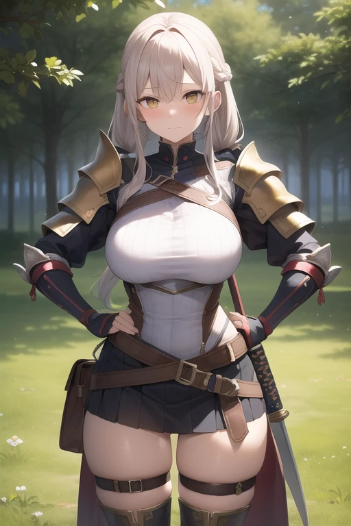 NSFW, uncensored, One girl, One strong, heavily armed man, Two people having a party, Light carmine hair, Yellow Eyes, Braiding, french Braiding, Long Hair, Twin tails, Both sides up, Sweat, Hot body, Glowing Skin, 
Bright red face, Eyes that are captivatingly erotic, Melting lips, Heavy breathing, Excited hot breath and mouth,
No mask, No anal sex, No peace, Do not bite cloth or strings,
(((Large Breasts))), outside, Fantasy World, An open grassland in the forest,
From the back, White dress style armor, Katana with sheath on left hip, 基本的に白いleotard風の革鎧は胸元が開いたドレス風のデザインでその革鎧は彼女の胸を押し上げるように着用されている, Over that, a hard metal breastplate mail is worn to encase the large chest.,  
Wearing hard metal armor with light pink trim around the edges, He was wearing sturdy white metal armor and gauntlets from his arms to his fingertips., 
Legs are made of full metal plate armor, Place々The gold decoration is used as an accent., 
The pleated white miniskirt is short enough to reveal her panties and has gold trim and accent colors on the edging.. On top of that, he wears large metal waist armor that can hold multiple cross belts on both sides of his waist to secure his weapons., 
A katana in a sheath is worn on the left hip., Several leather pouches on the right hip, A leather bag large enough to hang from the hip is attached to the back of the waist., 
(((Clothing))), (((コスチュームはoutsideさずオーバーハイニーソックスを履いている))), 
A man&#39;s monster cock will never be inserted into his ass, 

From the back, 
The heavily armored, muscular man was close to her, his hands around her waist, and they were pressed together., The strong man is taller than her., なのでFrom the backがっしりと太い腕で彼女の腰に手を回して掴み下腹部も抑えて自身に抱き寄せる, The man&#39;s trousers are already bulging and she rubs them with her hand to check his erection., She blushes and gives herself to the man., The burly man takes off his pants, grabs the rod of his long, thick, spear-like monster cock, and thrusts it in and out of the entrance to her vaginal hole with its glans.,
She spreads her legs wide and with her free hand lifts her skirt to show off her underwear., The panties are a white and pink striped bikini that resembles a micro bikini., パンティーはSweatでびしょ濡れで艶のあるシルク生地がシワが寄っている,
長年パーティーを組んでいた2人はモンスターの討伐後に大体は二人っきりの屋outsideでスキンシップを行う, Although it is a natural phenomenon for a strong man&#39;s pants to bulge after defeating a monster, she understands this and likes it.,
break covered navel, elbow gloves, gloves, leotard, Thigh straps, 
break looking at viewer, 
break indoors, 
break anal sex, monster cock anal sex,
break (masterpiece:1.2), Highest quality, High resolution, unity 8k wallpaper, (figure:0.9), (Beautiful attention to detail:1.6), Highly detailed face, Perfect lighting, Highly detailed CG, (Perfect hands, Perfect Anatomy), 