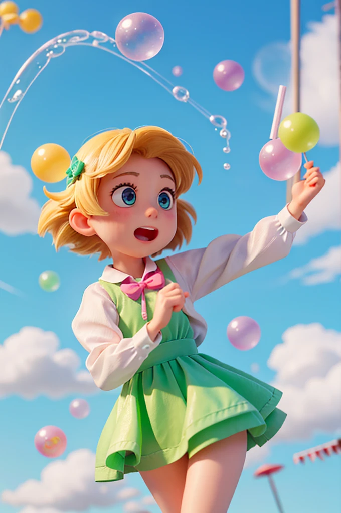 blowing soap bubbles with a straw jumping for joy