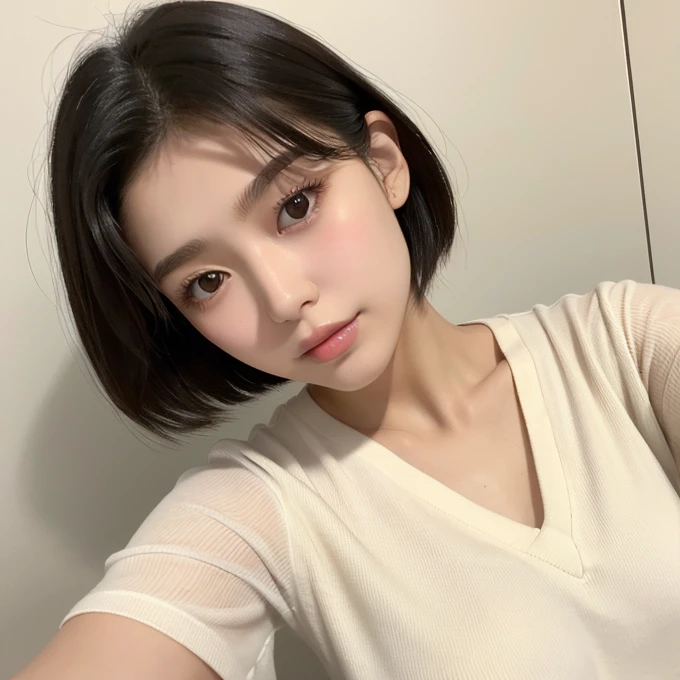 20-year-old women、Japanese、Beauty、Natural double eyelids、Beige V-neck shirt、White Background、Beautiful Skin、Glossy Lips、Black short hair、Upper Body、selfie from above、