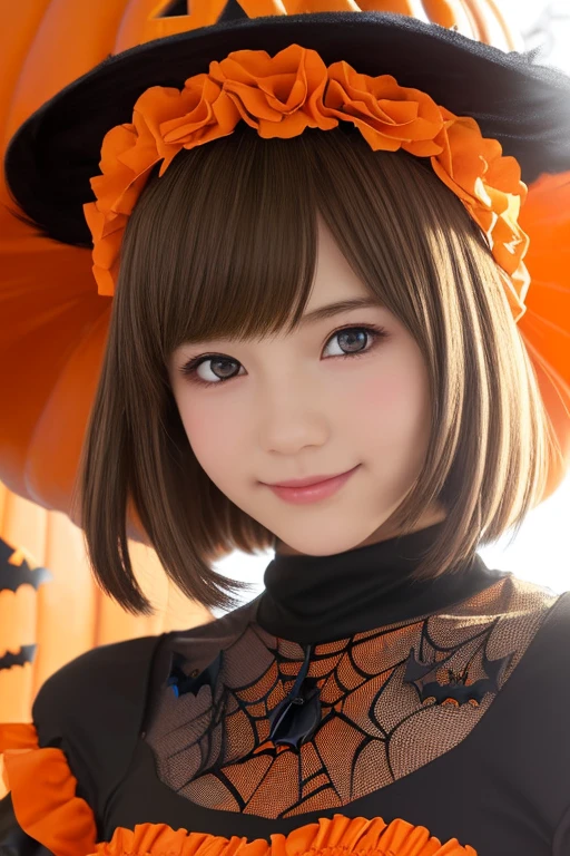 ((from below,upper body),a 15 year old girl, detailed cutie face, beautiful detailed eyes, detailed dropped eyes, beautiful charming smile, extremely detailed face,slender,short hair,anime style, halloween costume:2.0), Hires.fix,colorful lights, pumpkin decorations, haunted house, best quality, 4k, highres, masterpiece, realistic, photorealistic, photo-realistic, vivid colors, intricate details, fantasy, soft lighting, magical