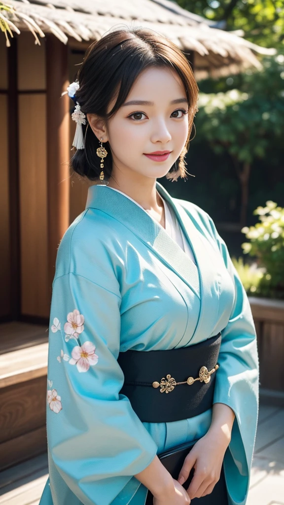 (((perfect young minami hamabe)))(Ultra-High-Definition)(masterpiece)(textured skin)(Very detailed)(good quality)(最good quality)(first-person perspective) (16K )(dramatic perspective),upper body,smile, traditional kimono,in Japanese summer garden,Woman like a model, uhd, masterpiece, trending on artstaion, intricate detailes, award winning foto, cinematic, trendy earrings,
