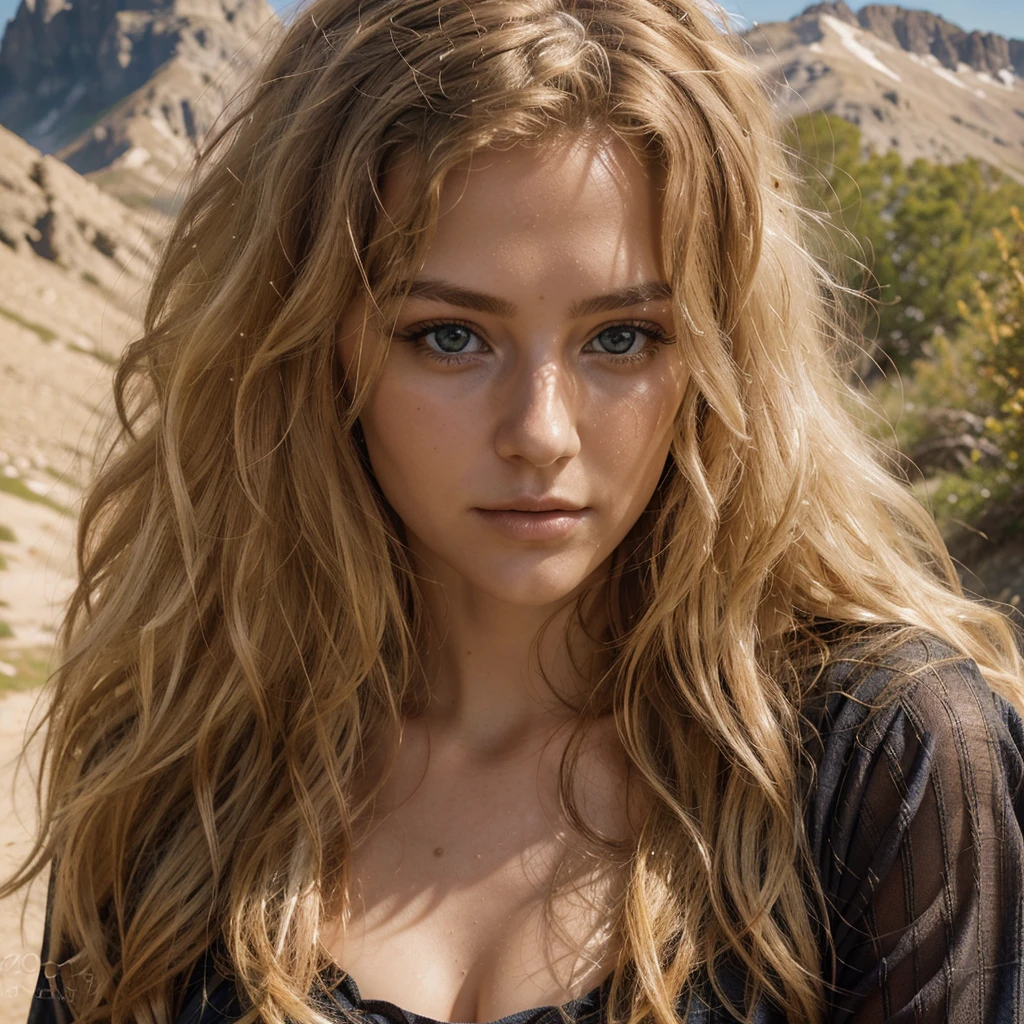 photograph of a stunning blonde lady,), on mountain ,wavy hair, Good, sexy ,gaze at the camera, king, eyes symmetrical, face symmetrical, photorealistic, Cinematographer, Route tracking, specular lighting, Volumetric light for the face, Traced path of hair, visible shadows, Intricate, elaborate, hyperrealistic, Brunnete