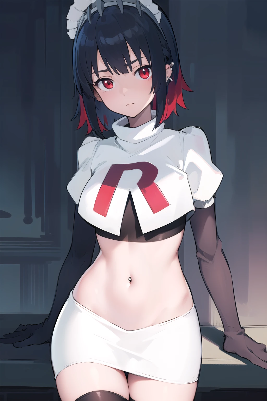 ellenjoe, ellen joe, black hair, colored inner hair, multicolored hair, (red eyes:1.3), red hair, short hair, two-tone hair,
BREAK ear piercing, fins, fish tail, maid headdress, piercing, shark girl, shark tail, tail, two-tone hair, team rocket,team rocket uniform,white skirt,red letter R,crop top,black thigh-highs,black elbow gloves,
BREAK looking at viewer, (cowboy shot:1.5),
BREAK (masterpiece:1.2), best quality, high resolution, unity 8k wallpaper, (illustration:0.8), (beautiful detailed eyes:1.6), extremely detailed face, perfect lighting, extremely detailed CG, (perfect hands, perfect anatomy),