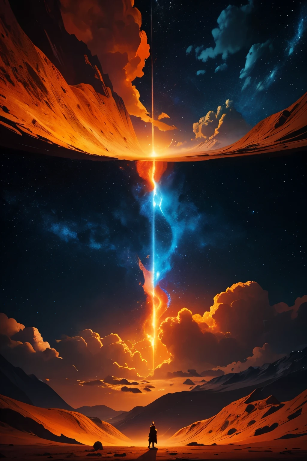 abstract art, striking orange and blue color palette, dramatic celestial elements, sound movement, lions and stars cinematic lighting, surreal dreamscape, intricate details, masterpiece