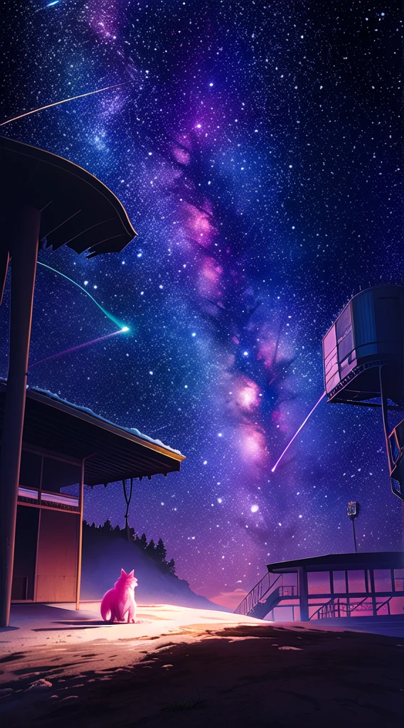 octane, sky, star (sky), stage, starry sky, night, 1 boy, wolf, furry, tail, looking at the sky, pink fur, pink hood, brown pants, pink eyes, night sky, alone, outdoors, building, cloud, milky way, sitting, tree, long hair, city, silhouette, cityscape