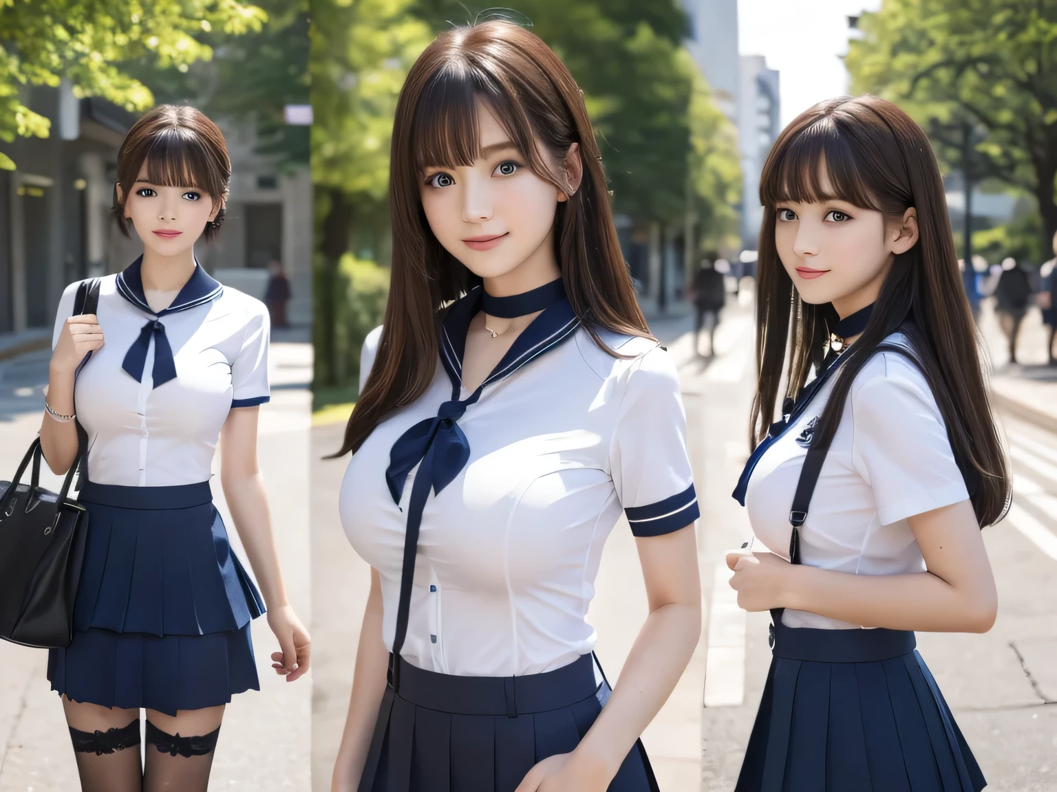 Highest quality、masterpiece、Group photo、((Layered Haircut)),(8k,Highest quality),Full Body Shot,Shot from medium distances,School classルーム,student,class,class,Open-collar shirt、Wear a JK skirt,Full body photo、 Adorable, smile, length, Brown Hair, 32K, masterpiece, Best image quality,Ultra-high resolution,Perfect hands,Black choker、blue eyes、bangs、Very lush and long eyelashes、uniform、 School、Summer clothes、((Big Breasts))