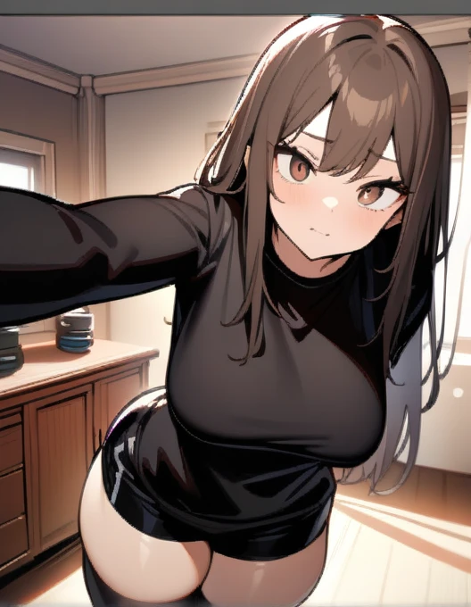 (masterpiece), best quality, expressive eyes, perfect face, demon girl, long light and dark brown hair, brown eyes, awkward expression, perfect round breasts, black long sleeve t-shirt, black shorts, black stockings, thick thighs, perfect arms and hands, house, room, provocative pose, taking a selfie with the camera, her brother watches her, nsfw