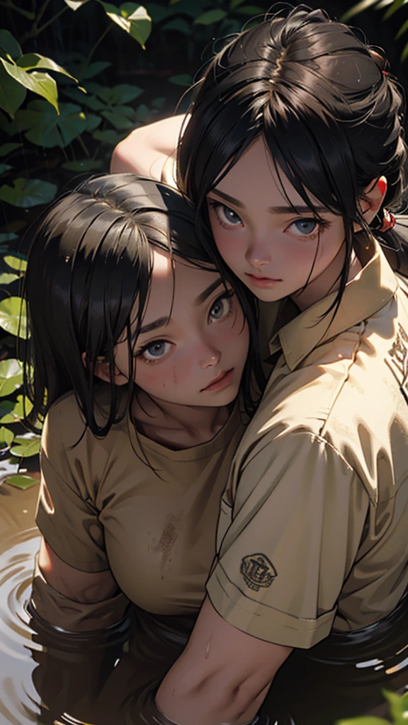 a couple stuck in muddy forest,girl wearing short clothes,evening,detailed muddy environment,detailed face and body,beautiful girl,