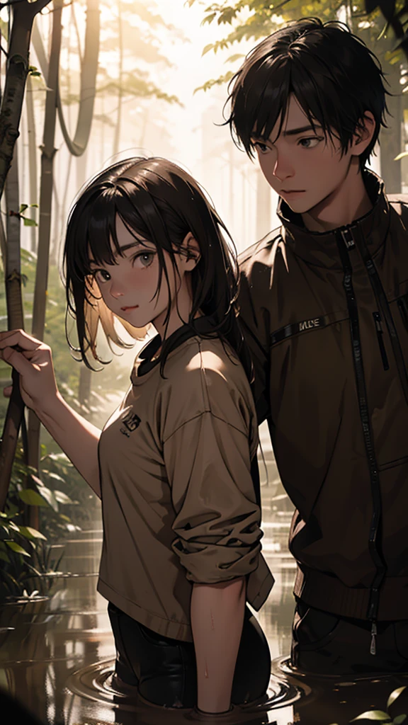 a couple stuck in muddy forest,girl wearing short clothes,evening,detailed muddy environment,detailed face and body,beautiful girl,