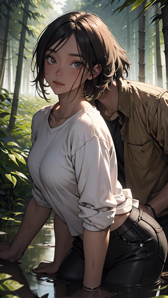a couple stuck in muddy forest,girl wearing short clothes,evening,detailed muddy environment,detailed face and body,beautiful girl,