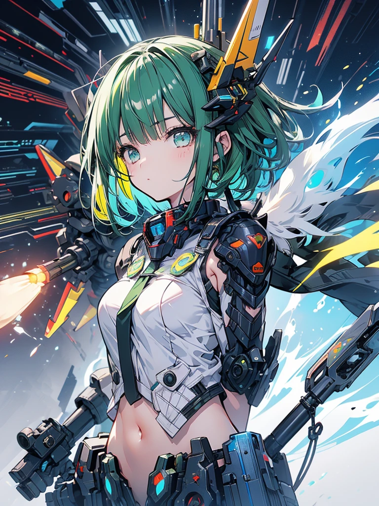 Girl, Mecha, Rigid, Cute, Jetpack on the back, Rocket, Explosion, Navel baring, Green hair tips, Black hair