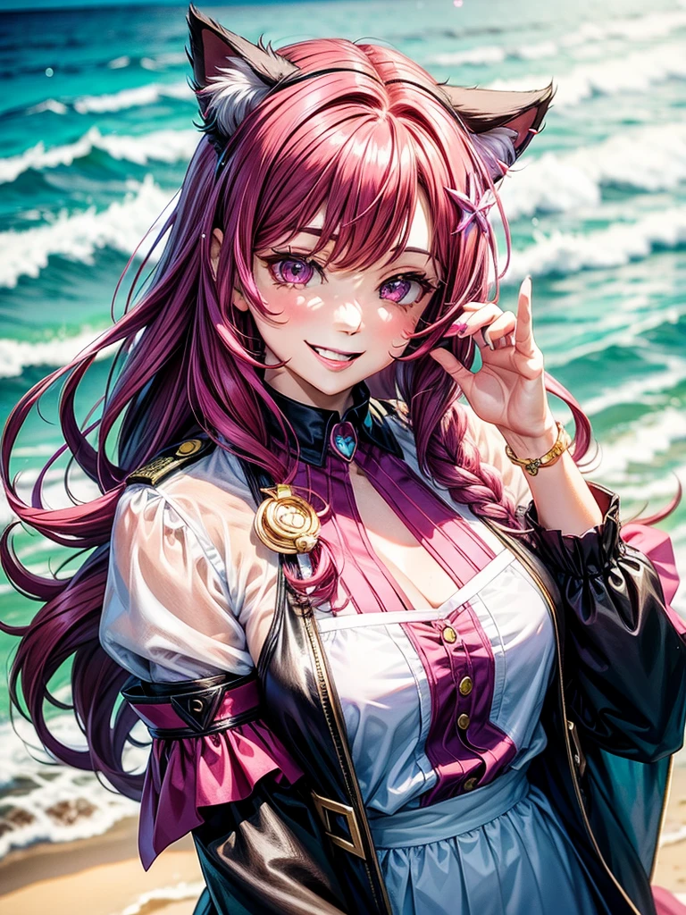 Magenta hair, hazel eyes, older woman, uniform clothes, hair jewel ornament, cat ears, long hair, smiling face,  beach background 