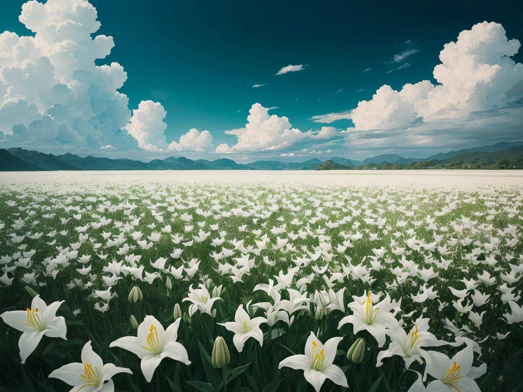 there are many white flowers in a field of green grass, big lilies, white lilies, lilies, lillies, lily flowers, eiko ishioka, by Chen Hongshou, by Li Shan, by Tadashi Nakayama, by Gigadō Ashiyuki, by Wu Zhen, lily flower, by Wen Zhengming, by Wang Jian, fragrant plants