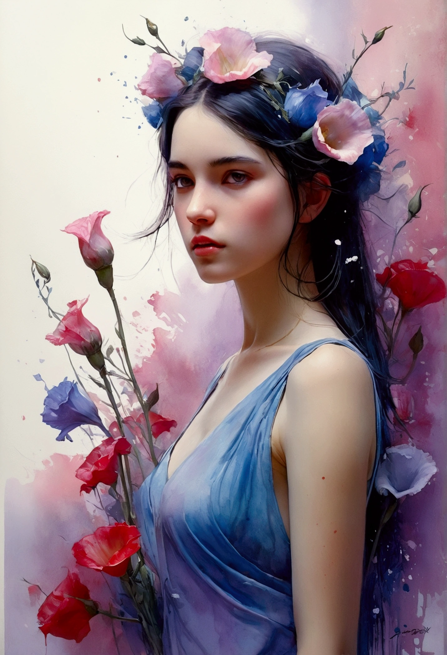 1girl,flor, Lisianthus ,En el estilo de rosa claro y azul claro, dreamy and romantic compositions, pale pink, ethereal foliage, playful arrangements,fantasy, alto contraste, ink strokes, Explosiones, over exposure, purple and red tone impression , abstracto, ((acuarela de John Berkey y Jeremy Mann )) Pinceladas, espacio negativo, NSFW