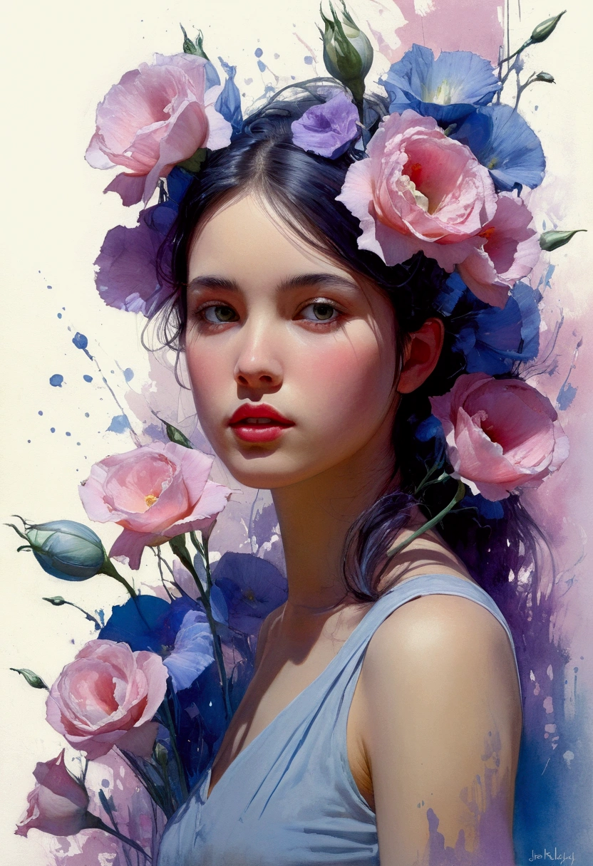 1girl,flor, Lisianthus ,En el estilo de rosa claro y azul claro, dreamy and romantic compositions, pale pink, ethereal foliage, playful arrangements,fantasy, alto contraste, ink strokes, Explosiones, over exposure, purple and red tone impression , abstracto, ((acuarela de John Berkey y Jeremy Mann )) Pinceladas, espacio negativo, NSFW