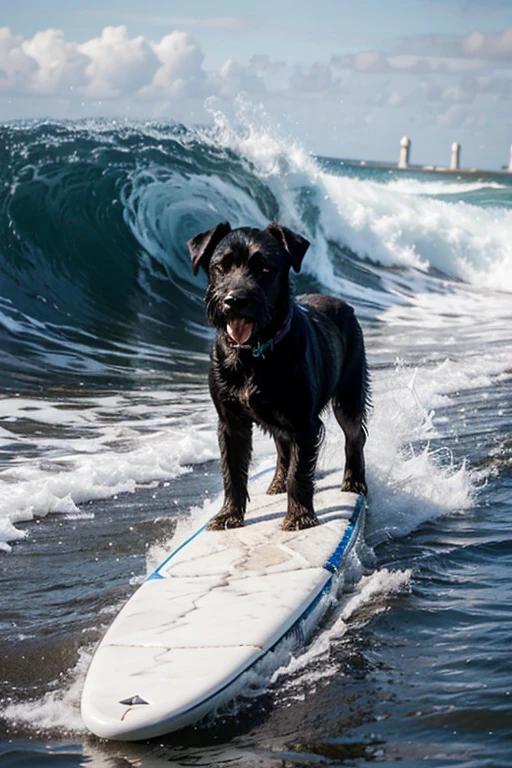 Ultrarealistic, black terrier Labrador surfing