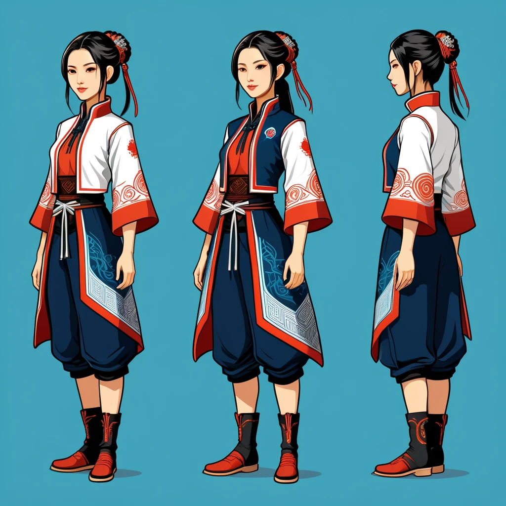 female netrunner in taiwan folk outfit ,vector graphics, strong contours, logo design