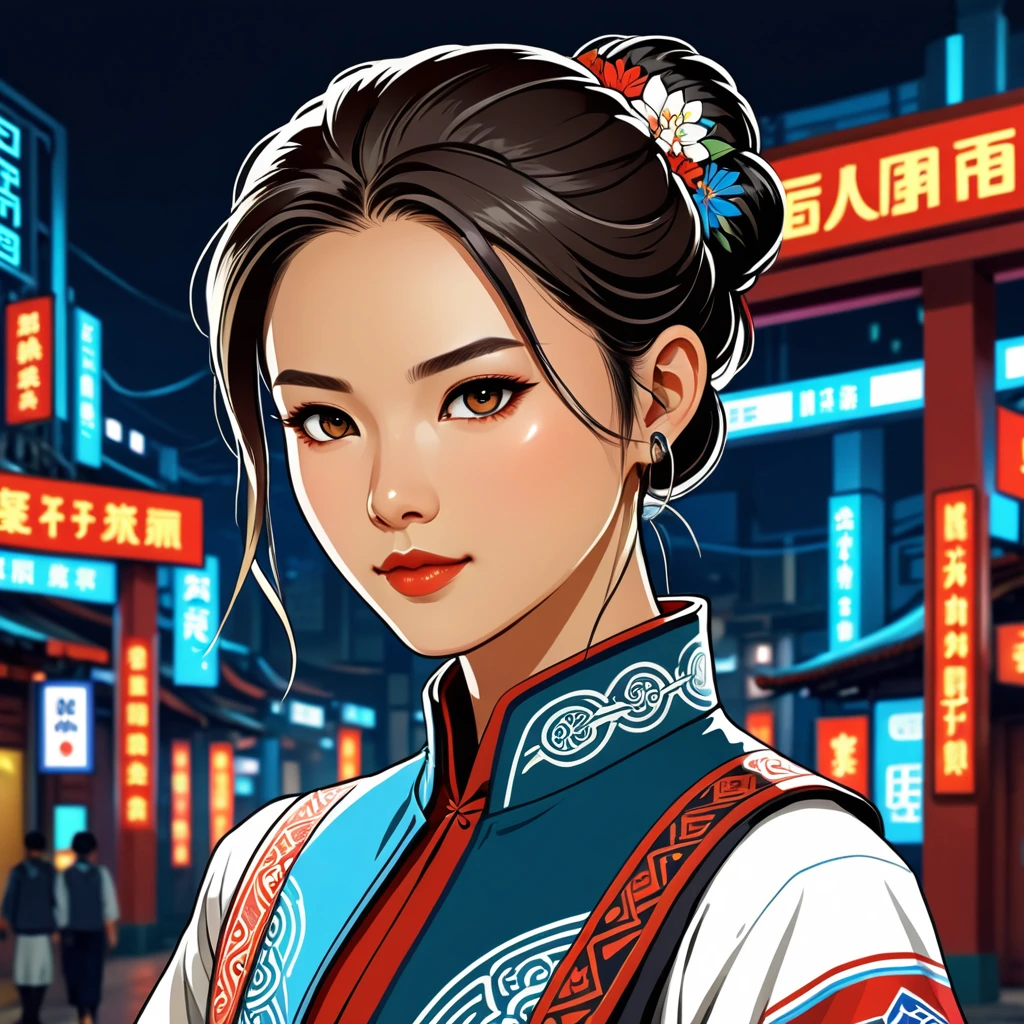 female netrunner in taiwan folk outfit ,vector graphics, strong contours, logo design