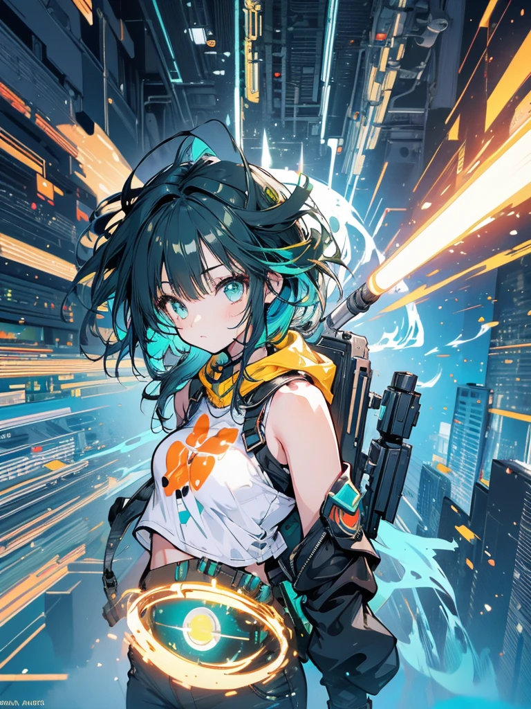 Girl, Mecha, Rigid, Cute, Jetpack on the back, Rocket, Explosion, Navel baring, Green hair tips, Black hair