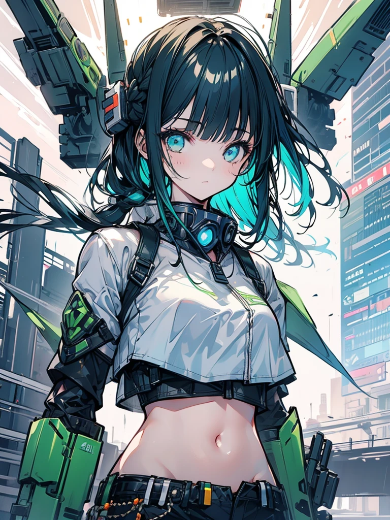 Girl, Mecha, Rigid, Cute, Jetpack on the back, Rocket, Explosion, Navel baring, Green hair tips, Black hair