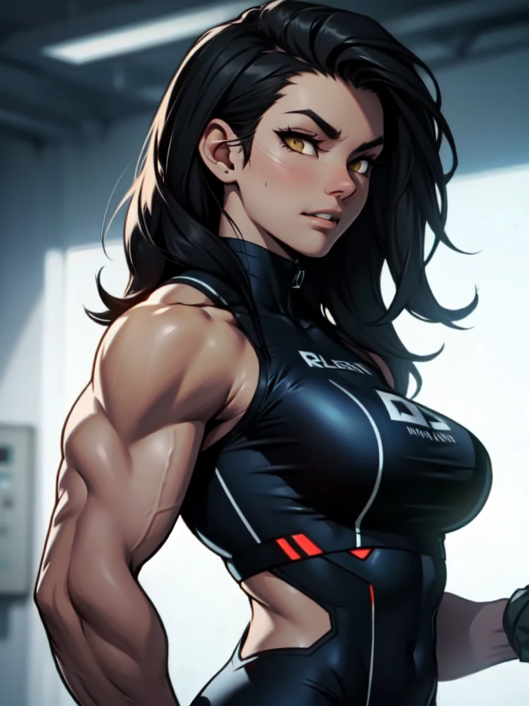 joyful gleaming eyes black hair yellow eyes pale skin sharp focus muscular girl massive breasts muscular girl solo