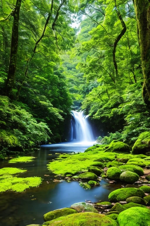In the heart of a lush, verdant forest, where the sunlight filtering through the canopy casts dappled patterns on the moss-covered ground, there lies a breathtaking scene of serene beauty. Majestic trees tower above, their leaves glistening with dew, their branches swaying gently in the breeze. A crystal-clear stream winds its way through the forest, its sparkling waters reflecting the vibrant hues of the surrounding foliage. In the distance, a tranquil lake mirrors the cerulean sky, punctuated by the graceful silhouette of a distant mountain range. As the sun begins to set, casting its warm, golden light across the landscape,