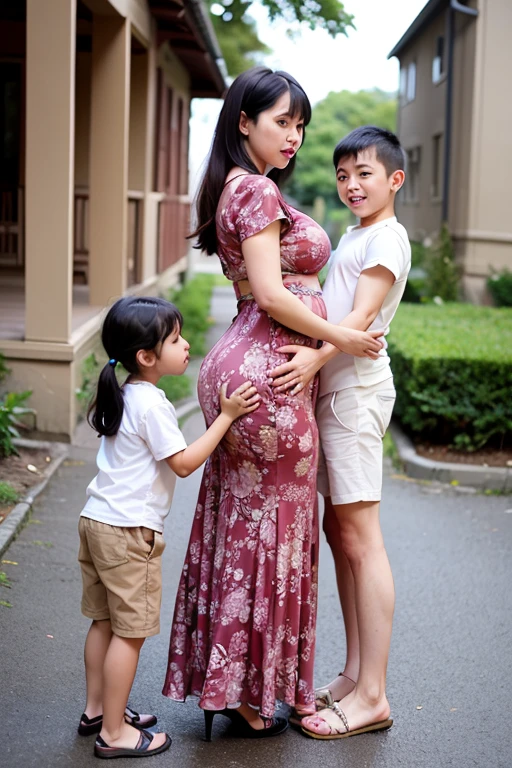 Family full,women has very big breasts, wears a tight dress, hot batik dress, huge butt, full body, standing with children boy, pregnant.