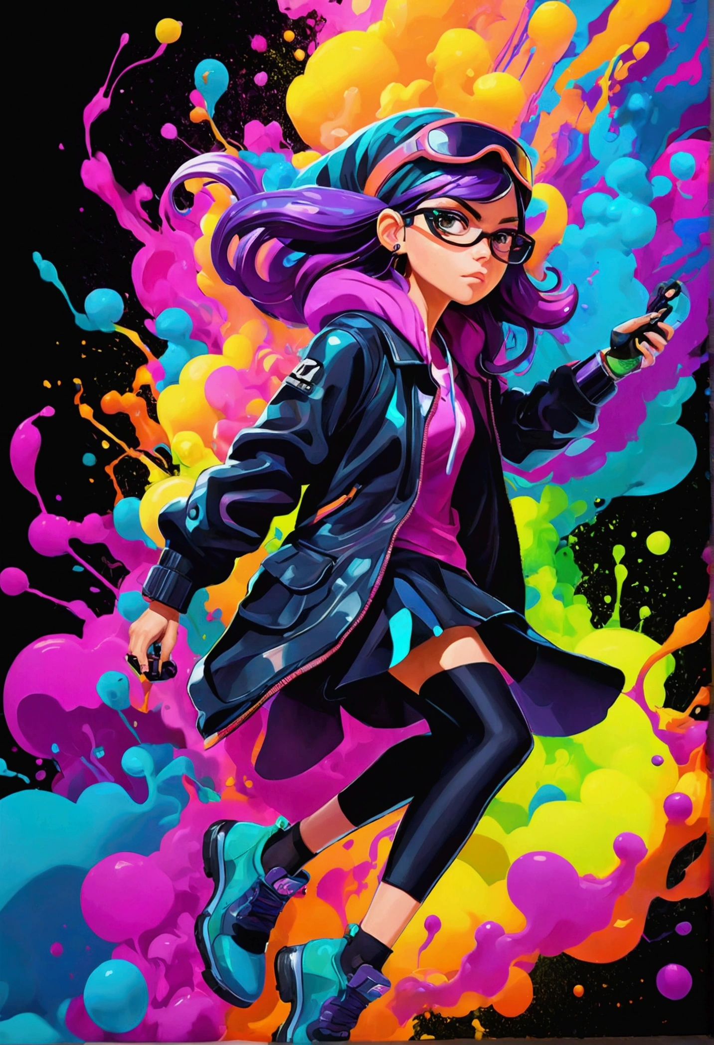 Splatoon Bold neon colors, Splash Art, Splattered neon colors, (Iridescent glowing smoke) ((Motion Effect)), Highest quality, Wallpaper Art, Hmph, Center image, M Schiffer Art, ((Flat Color)), (Cel-shaded style) 非常にBold neon colors, (High color saturation) Inclined, Psychedelic environment One girl、Design chic