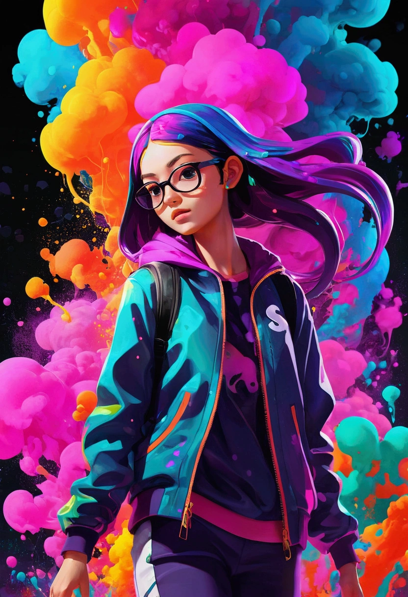 Splatoon Bold neon colors, Splash Art, Splattered neon colors, (Iridescent glowing smoke) ((Motion Effect)), Highest quality, Wallpaper Art, Hmph, Center image, M Schiffer Art, ((Flat Color)), (Cel-shaded style) 非常にBold neon colors, (High color saturation) Inclined, Psychedelic environment One girl、Design chic