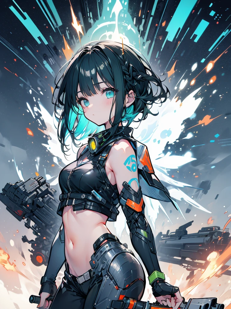 Girl, Mecha, Rigid, Cute, Jetpack on the back, Rocket, Explosion, Navel baring, Green hair tips, Black hair, Right arm prosthetic