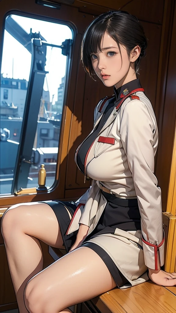 、Earth Federation Operator Girl Soldier、Black short hair、Large Breasts、Idol-level cuteness、Childish face and appearance、Operator intercom mounted on head、Accurately drawn faces、thin、健康的なKnee-lengthスカート風の地球連邦軍制服、Knee-length、Inside the bridge of a battleship、Low angle shot、Anatomically correct、Accurate Fingers、Accurate Rimbuster Piece、Photorealization