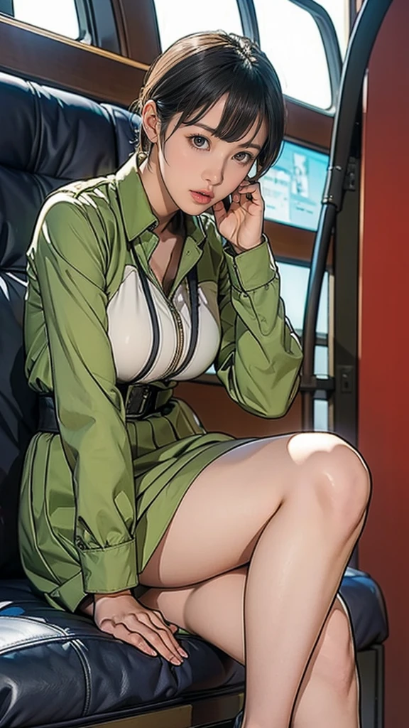 10-year-old girl、Earth Federation Operator Girl Soldier、Black short hair、Large Breasts、Idol-level cuteness、Childish face and appearance、Operator intercom mounted on head、Accurately drawn faces、thin、健康的なKnee-lengthスカート風の地球連邦軍制服、Knee-length、Inside the bridge of a battleship、Low angle shot、Anatomically correct、Accurate Fingers、Accurate Rimbuster Piece、Photorealization