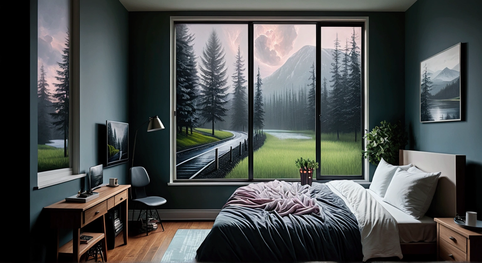 a bed sitting in a bedroom next to a window, a hyperrealistic painting, inspired by Gregory Crewdson, unsplash contest winner, still from a nature documentary, rainy mood, style of aenami alena