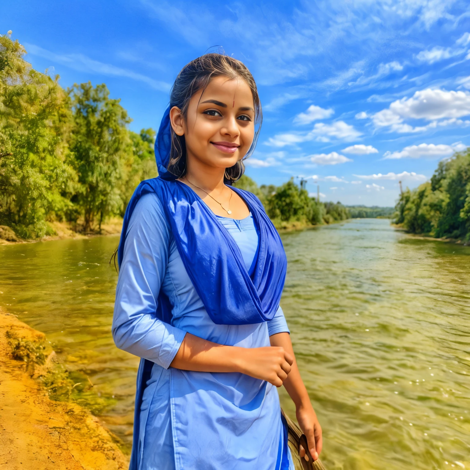 (masterpiece, 8k, best quality:1.2), in the river, outdoor, 1girl, beautiful detailed eyes, beautiful detailed lips, extremely detailed eyes and face, long eyelashes, 20 yo school girl, big breast size, smile, looking at viewer, salwar kameez uniform, wet clothes, soaked, wet hair, detailed water effects, rippling water, nature landscape, green foliage, cloudy sky, golden sunlight, photorealistic