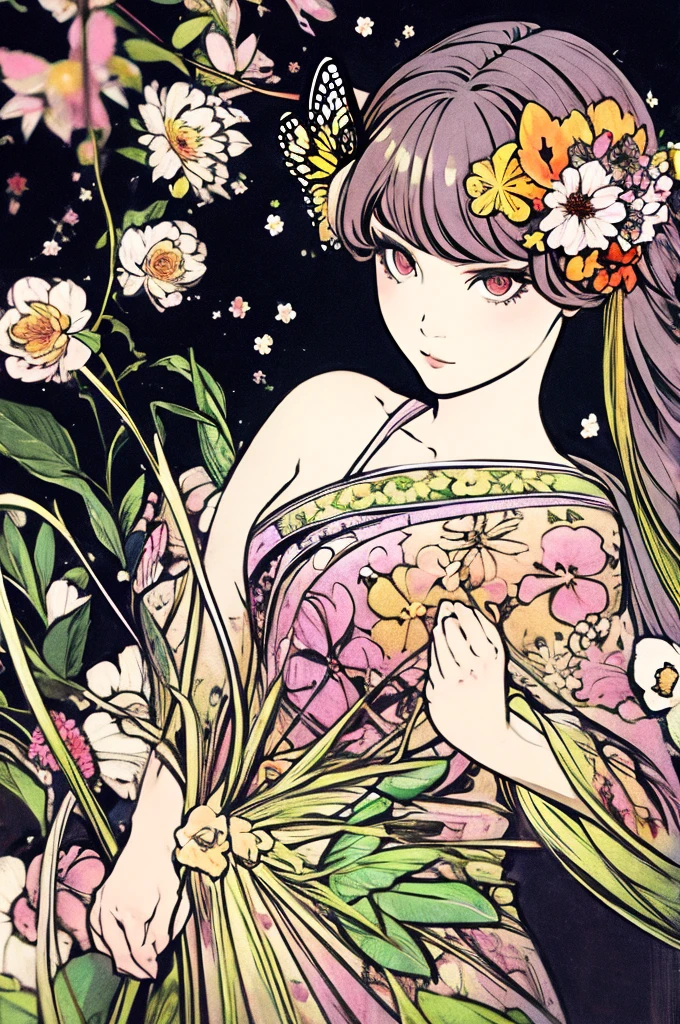 (Art Nouveau:1.25), Maximalism art style,Neon Theme,Suprematism,beautiful detailed flower, beautiful detailed eye,Super detailed,flower,超high quality,,eye,flower and hair is same color,Beautiful colors,face,her hair is becoming flower, flower,hair,flower,butterfly,,1 girl cute,,Attention to detail, high quality,Backlight,hair and clothes is flower,Upper Body ,high quality,hair with body ,Web Dress, Upper Body, flower leg, flower hands,body with flower,    flower with clothes , dress with flower, , Particles of light,Black background,  Hair with flower,Small breasts with flower,floating hair with flower,floating1girl,Small breasts,  marbling with hair and clothes, View your viewers,original,Put your arms down, Paper cutting, Black background, High resolution, hair with  flower,hair with flower ,hair,  wavy hair ,Diffuse lighting, Abstract,胴体のあるbutterfly,   Big Top Sleeves, floating,student, [[hair over one eye]],dark,character, 