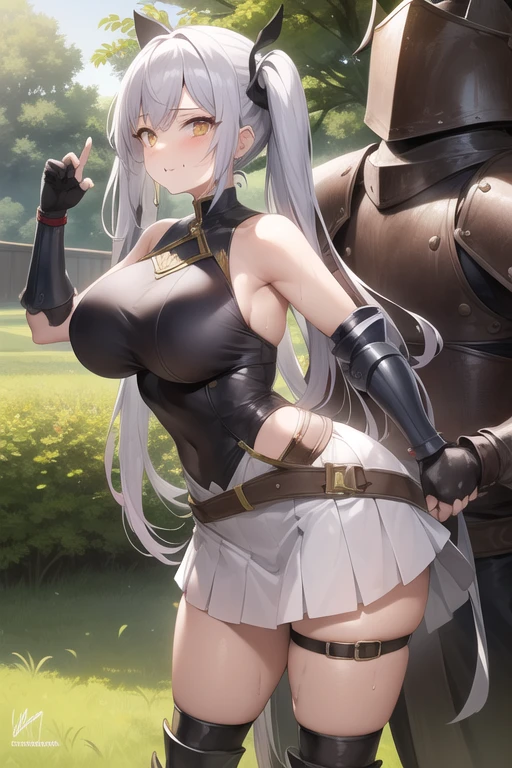 NSFW, uncensored, One girl, One strong, heavily armed man, Two people having a party, Light carmine hair, Yellow Eyes, Braiding, french Braiding, Long Hair, Twin tails, Both sides up, Sweat, Hot body, Glowing Skin, 
Bright red face, Eyes that are captivatingly erotic, Melting lips, Heavy breathing, Excited hot breath and mouth,
No mask, No anal sex, No peace, Do not bite cloth or strings,
(((Large Breasts))), outside, Fantasy World, An open grassland in the forest,
From the back, White dress style armor, Katana with sheath on left hip, 基本的に白いleotard風の革鎧は胸元が開いたドレス風のデザインでその革鎧は彼女の胸を押し上げるように着用されている, Over that, a hard metal breastplate mail is worn to encase the large chest.,  
Wearing hard metal armor with light pink trim around the edges, He was wearing sturdy white metal armor and gauntlets from his arms to his fingertips., 
Legs are made of full metal plate armor, Place々The gold decoration is used as an accent., 
The pleated white miniskirt is short enough to reveal her panties and has gold trim and accent colors on the edging.. On top of that, he wears large metal waist armor that can hold multiple cross belts on both sides of his waist to secure his weapons., 
A katana in a sheath is worn on the left hip., Several leather pouches on the right hip, A leather bag large enough to hang from the hip is attached to the back of the waist., 
(((Clothing))), (((コスチュームはoutsideさずオーバーハイニーソックスを履いている))), 
A man&#39;s monster cock will never be inserted into his ass, 

From the back, 
The heavily armored, muscular man was close to her, his hands around her waist, and they were pressed together., The strong man is taller than her., なのでFrom the backがっしりと太い腕で彼女の腰に手を回して掴み下腹部も抑えて自身に抱き寄せる, The man&#39;s trousers are already bulging and she rubs them with her hand to check his erection., She blushes and gives herself to the man., The burly man takes off his pants, grabs the rod of his long, thick, spear-like monster cock, and thrusts it in and out of the entrance to her vaginal hole with its glans., The connection is clearly visible to the viewer.,
She spreads her legs wide and with her free hand lifts her skirt to show off her underwear., The panties are a white and pink striped bikini that resembles a micro bikini., パンティーはSweatでびしょ濡れで艶のあるシルク生地がシワが寄っている,
長年パーティーを組んでいた2人はモンスターの討伐後に大体は二人っきりの屋outsideでスキンシップを行う, Although it is a natural phenomenon for a strong man&#39;s pants to bulge after defeating a monster, she understands this and likes it.,
break covered navel, elbow gloves, gloves, leotard, Thigh straps, 
break looking at viewer, 
break indoors, 
break anal sex, monster cock anal sex,
break (masterpiece:1.2), Highest quality, High resolution, unity 8k wallpaper, (figure:0.9), (Beautiful attention to detail:1.6), Highly detailed face, Perfect lighting, Highly detailed CG, (Perfect hands, Perfect Anatomy), 