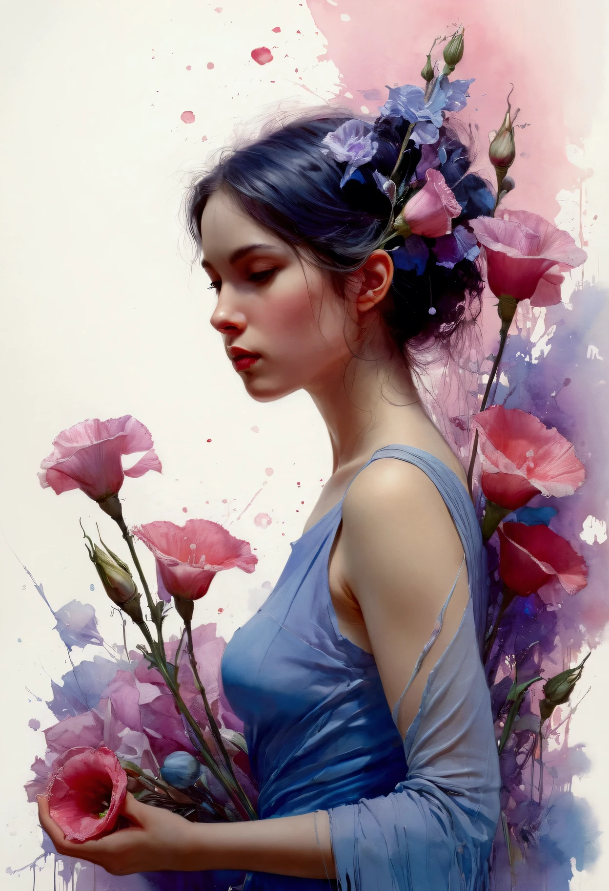 1girl,flor, Lisianthus ,En el estilo de rosa claro y azul claro, dreamy and romantic compositions, pale pink, ethereal foliage, playful arrangements,fantasy, alto contraste, ink strokes, Explosiones, over exposure, purple and red tone impression , abstracto, ((acuarela de John Berkey y Jeremy Mann )) Pinceladas, espacio negativo, NSFW